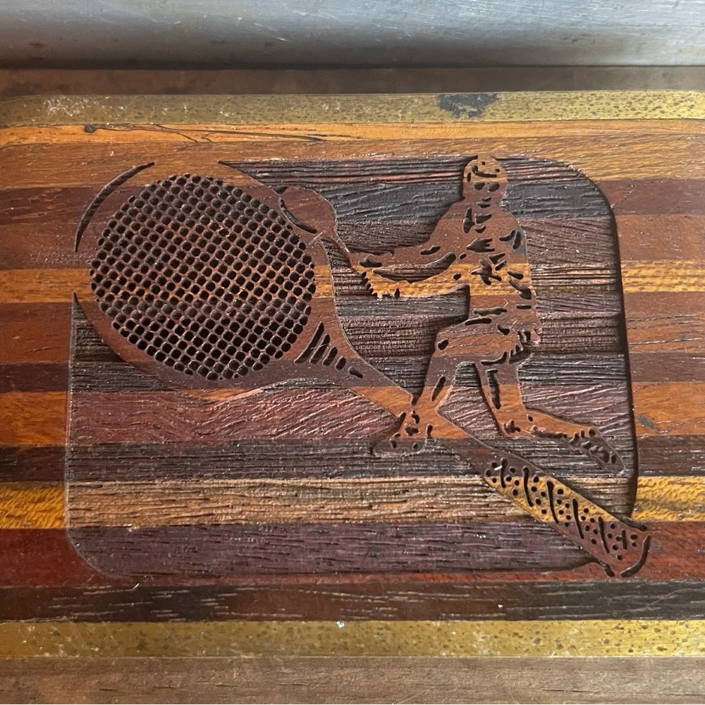 Tennis Woodblock Engraved Brass Belt Buckle Vintage